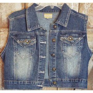 X You Blue Jean Vest - Rhinestone/Beaded Flower Design - Size M - Pre owned